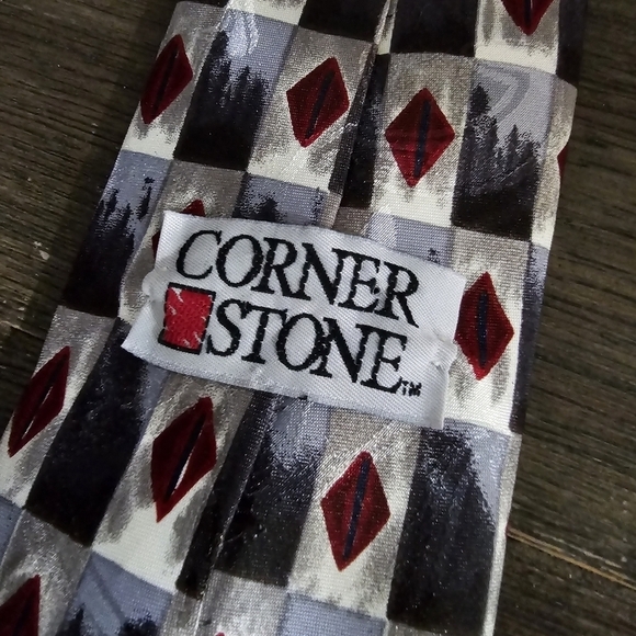 Vintage 90s Corner Stone Red Gray Geometric Silk Neck Tie - Picture 3 of 4